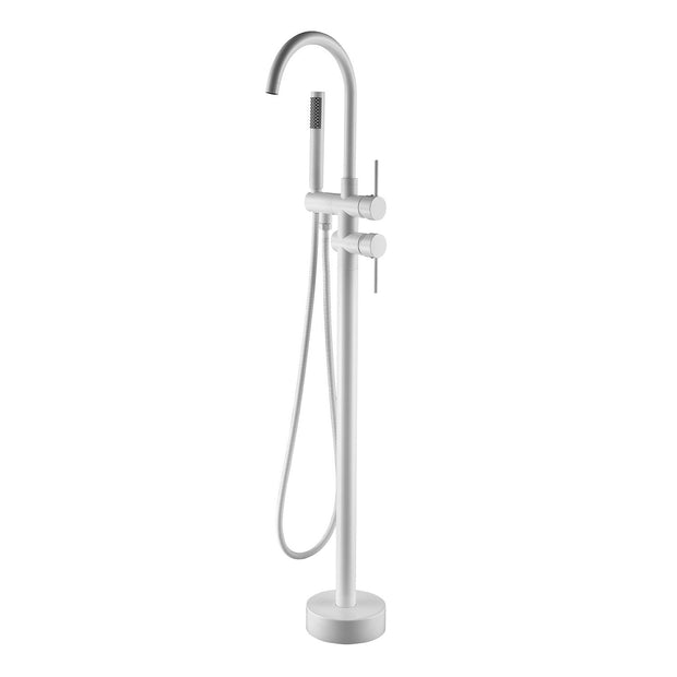 BF-112W Freestanding Bathtub Filler Faucet with Shower Spray Shown in Glossy White Finish