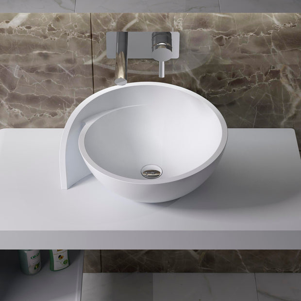 CW-109 Round Circular Countertop Mounted Vessel Sink in White Finish Shown Installed