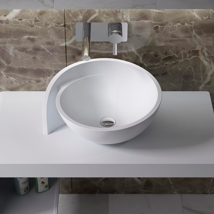 CW-109 Round Circular Countertop Mounted Vessel Sink in White Finish Shown Installed