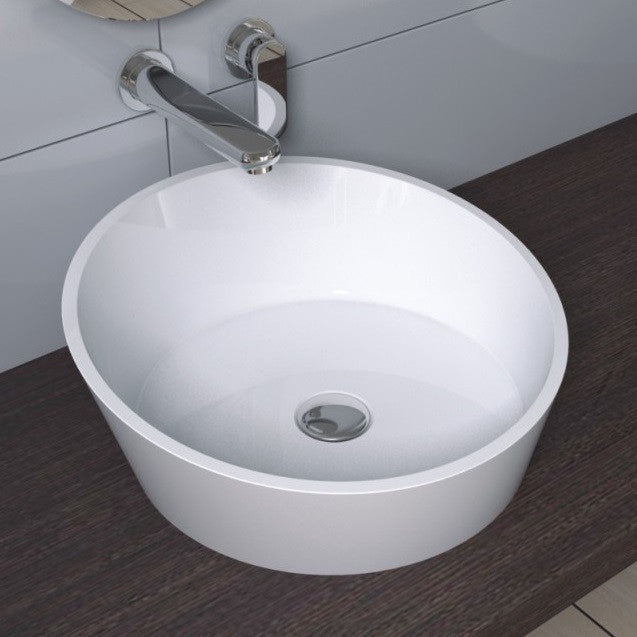 CW-112 Round Circular Shaped Countertop Mounted Vessel Sink in White Finish Shown Installed
