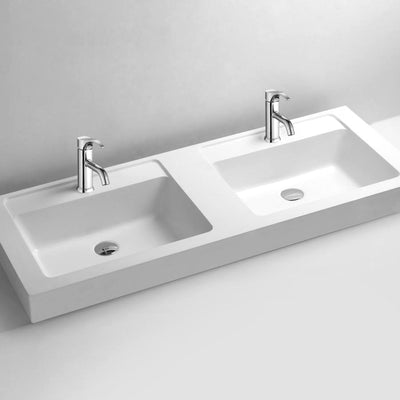 DW-141 Rectangular Countertop Double Sink in White Finish Shown with Separate Faucet