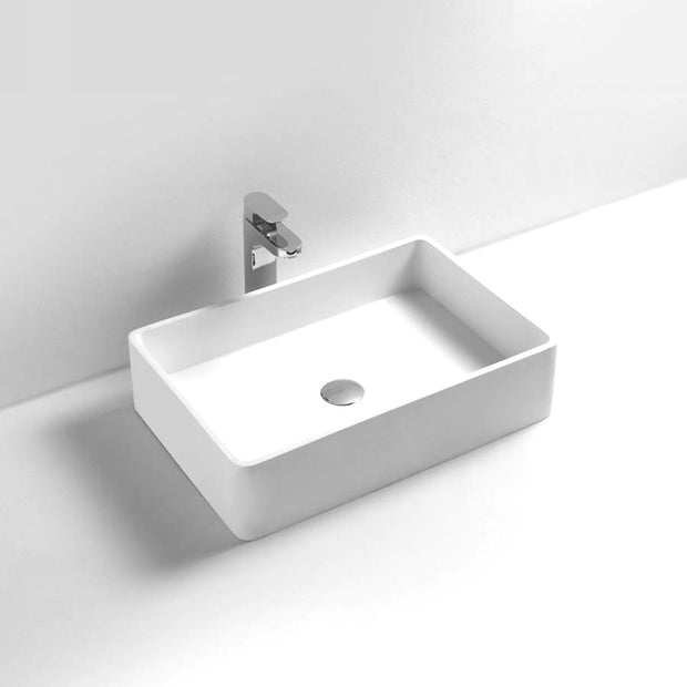 DW-144 Rectangular Countertop Mounted Vessel Sink in White Finish Shown with Separate Faucet
