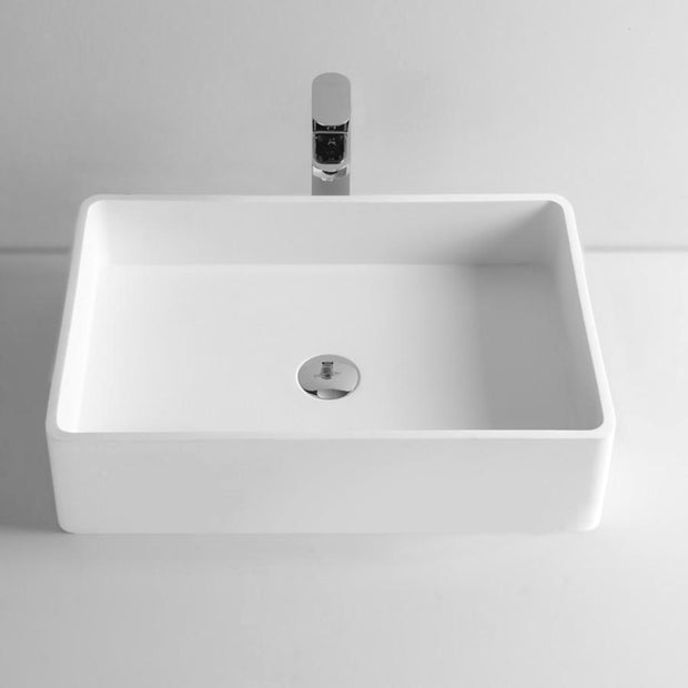 DW-144 Rectangular Countertop Mounted Vessel Sink in White Finish Shown with Separate Faucet