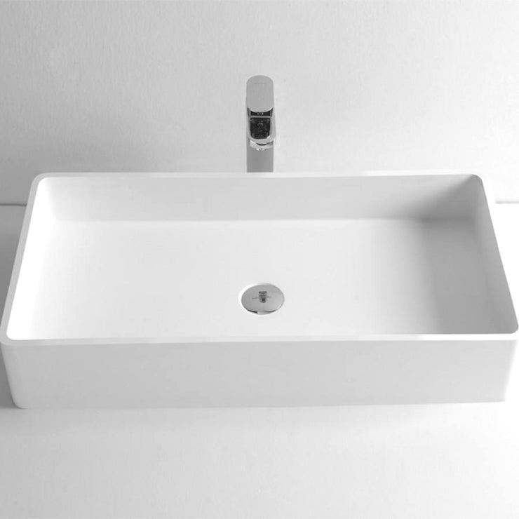 DW-145 Large Rectangular Countertop Mounted Vessel Sink in White Finish Shown with Separate Faucet