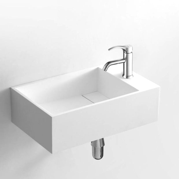 DW-147 Small Rectangular Wall Mounted Countertop Sink in White Finish Shown with Separate Faucet