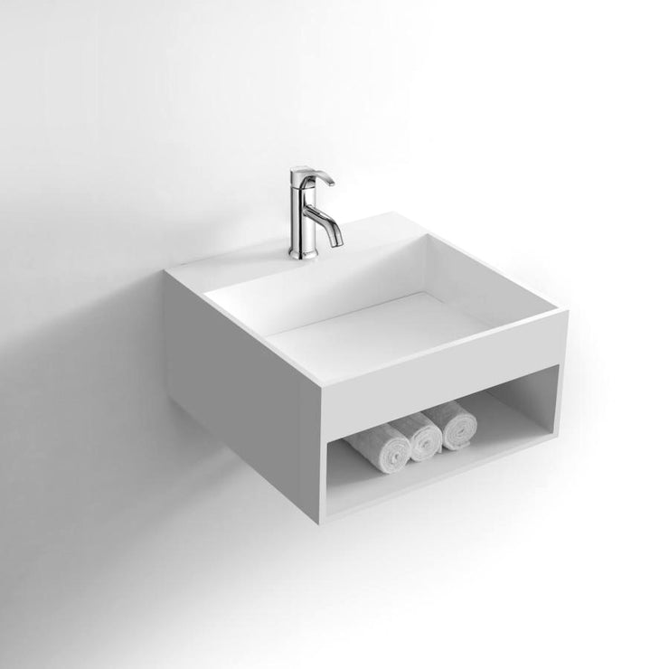DW-161 Square Shelved Wall Mounted Bathroom Sink in White Finish Shown with Separate Faucet