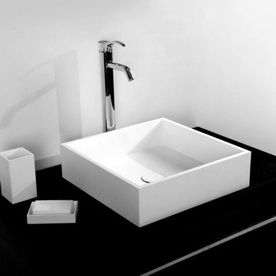 DW-172 Square Countertop Vessel Sink in White Finish Shown Installed with Separate Faucet