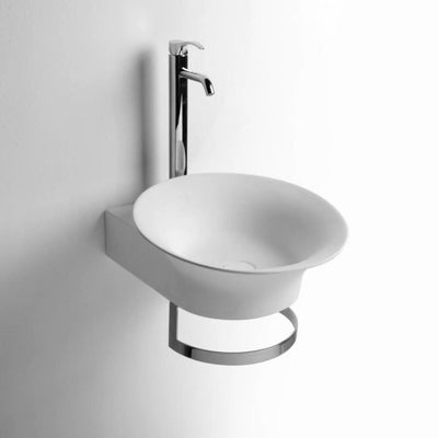 DW-174 Round Wall Mounted Sink with Towel Rack in White Finish Shown Installed with Separate Faucet