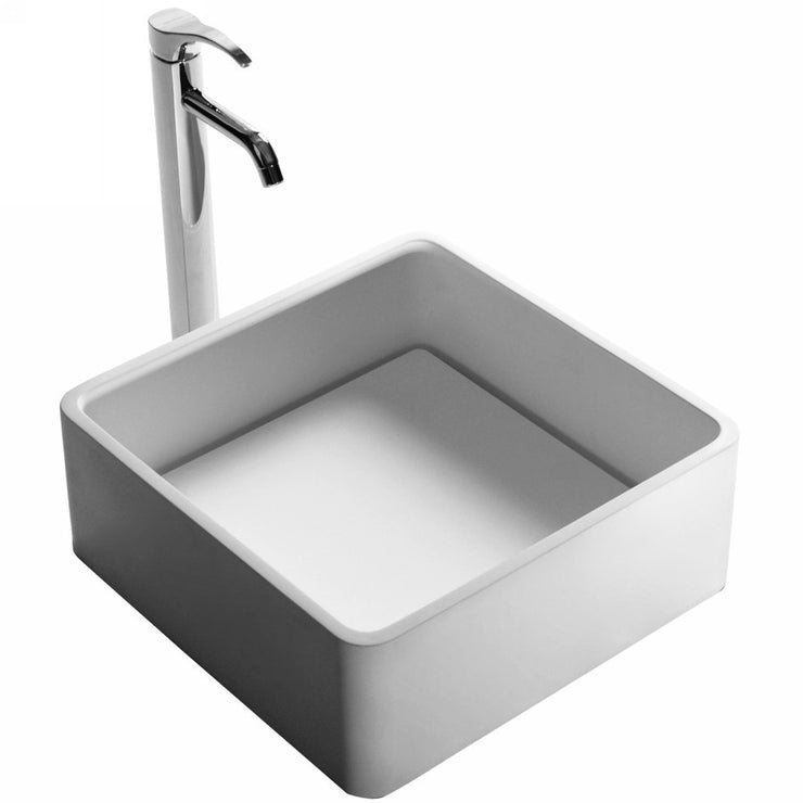 DW-180 Square Countertop Mounted Vessel Sink in White Finish Shown Installed with Separate Faucet