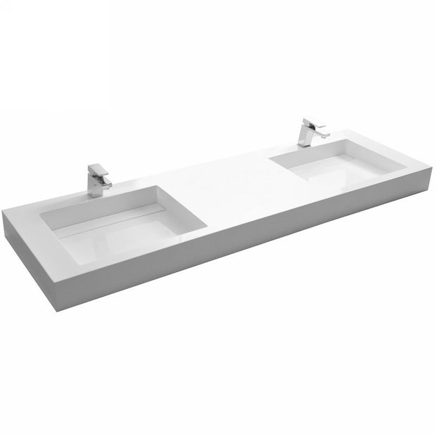 DW-194 Rectangular Wall Mounted Countertop Sink in White Finish Shown Installed with Double Faucet