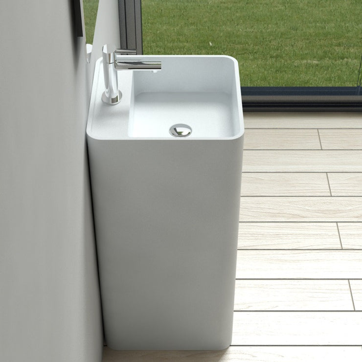 DW-202 Square Freestanding Pedestal Sink in White Finish Shown Installed with Separate Faucet