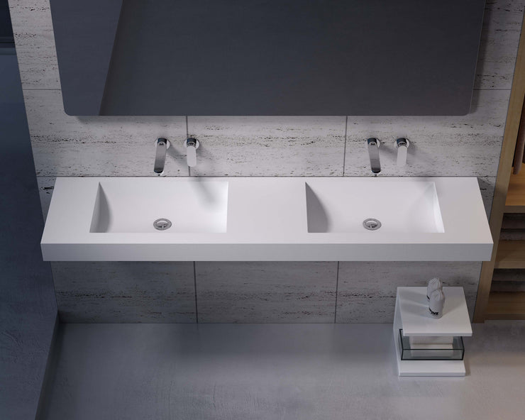 DW-218 Wall Mounted Bathroom Sink Rectangular Shape in White Finish Shown Installed