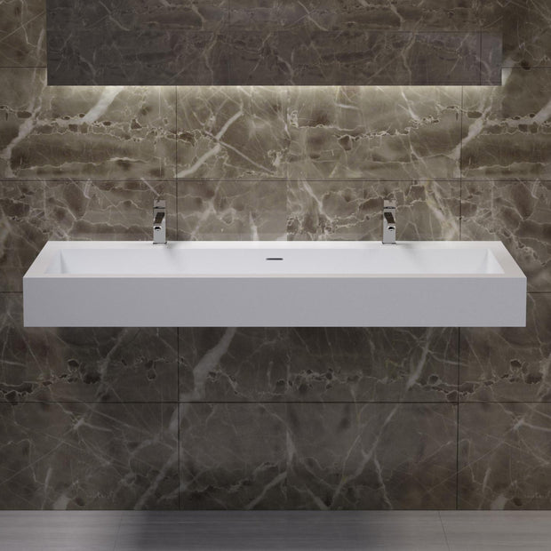 DW-136 Double Rectangular Wall Mounted Sink in White Finish Shown Installed